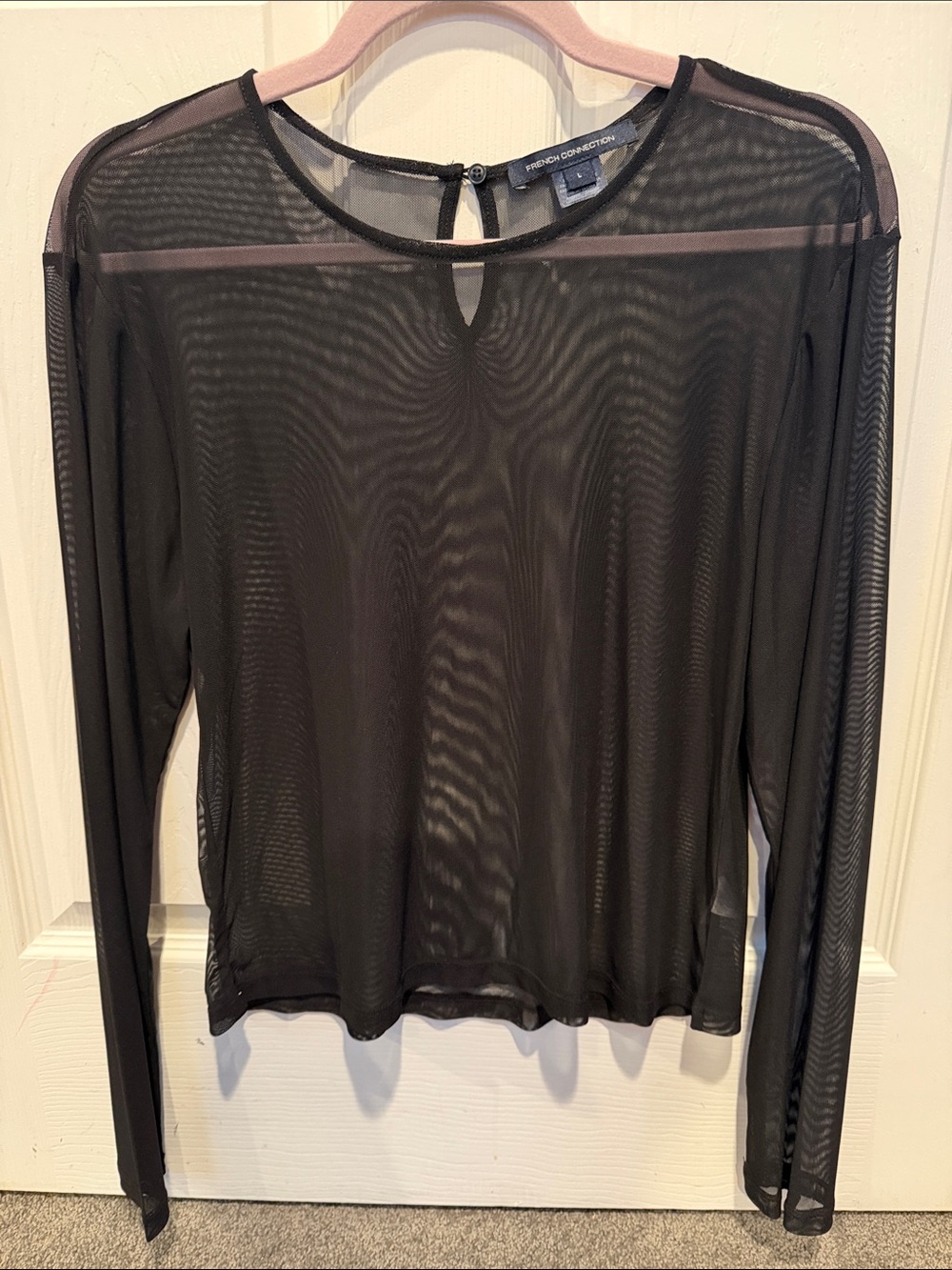 French Connection Black Sheer Long Sleeve Mesh Top with Keyhole